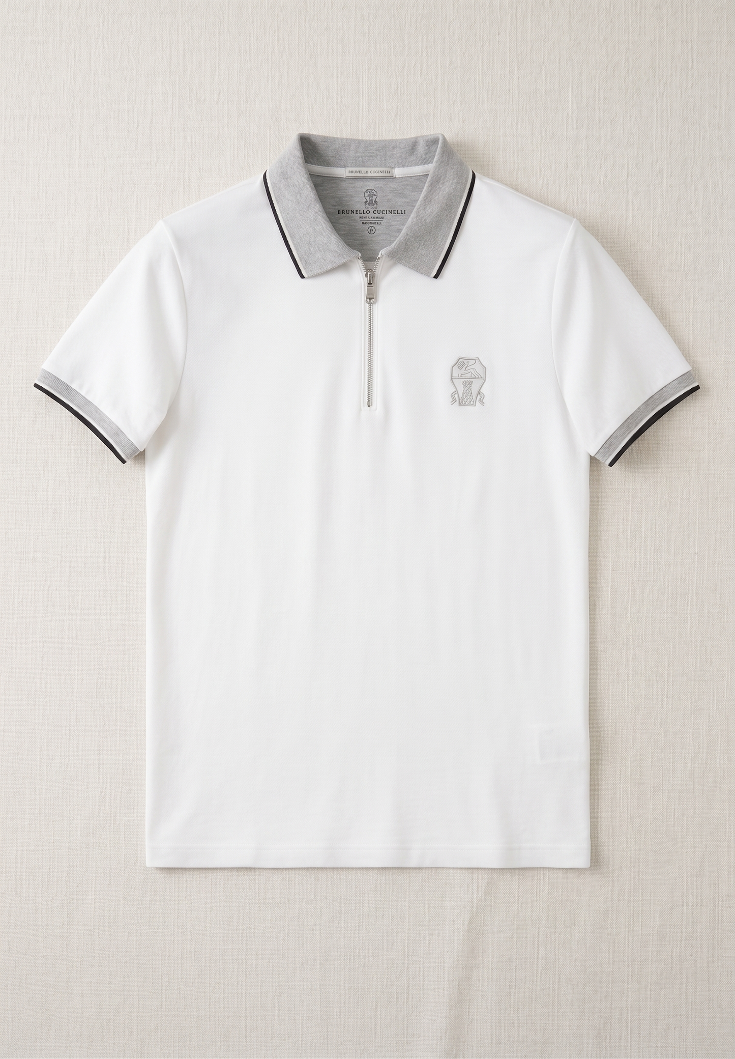 Half-Zip Cotton Jersey Shirt – White with Grey Tipped Collar