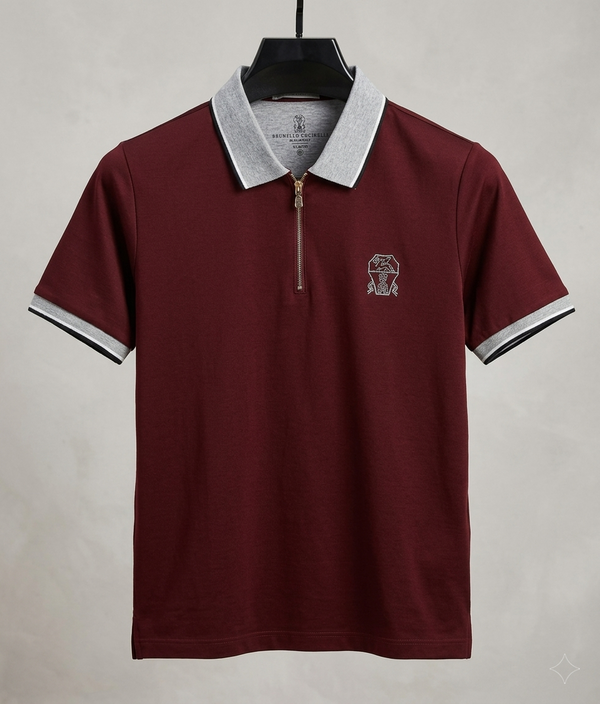 Half-Zip Cotton Jersey Shirt — Maroon with Grey-Tipped Collar