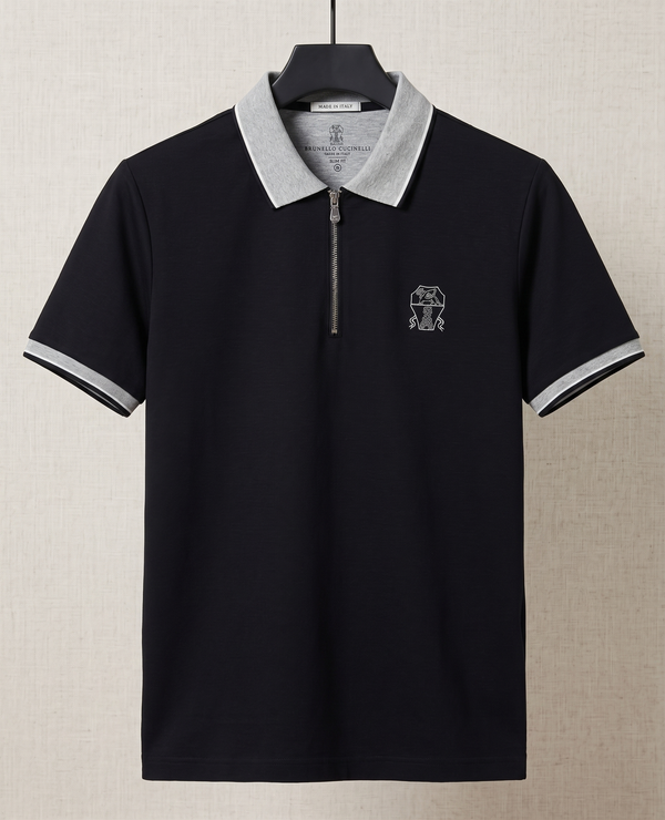 Half-Zip Cotton Jersey Shirt Color: Jet Black with Grey Tipped Collar