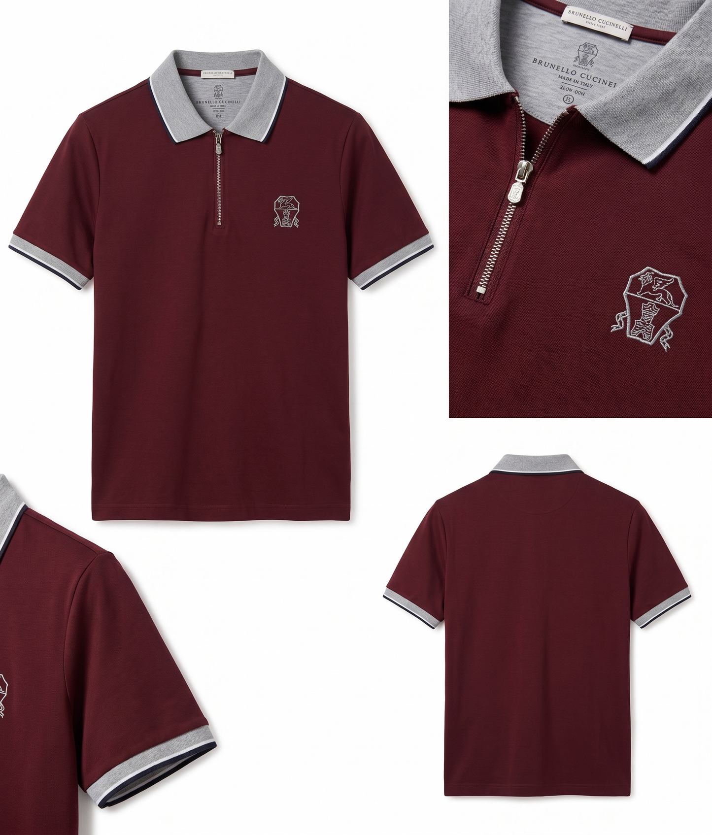 Half-Zip Cotton Jersey Shirt — Maroon with Grey-Tipped Collar