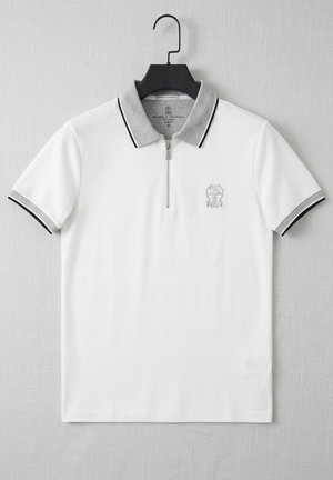 Half-Zip Cotton Jersey Shirt – White with Grey Tipped Collar