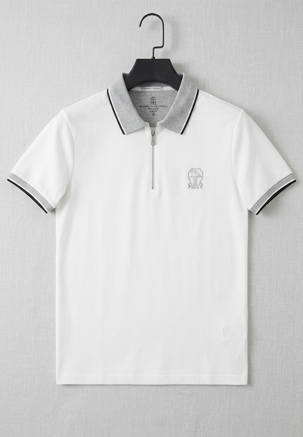 Half-Zip Cotton Jersey Shirt – White with Grey Tipped Collar
