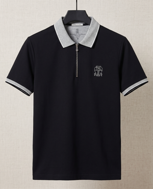 Half-Zip Cotton Jersey Shirt Color: Jet Black with Grey Tipped Collar